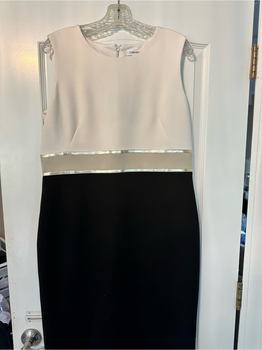 Calvin Klein Black and Ivory Sheath Dress with Metallic Trim